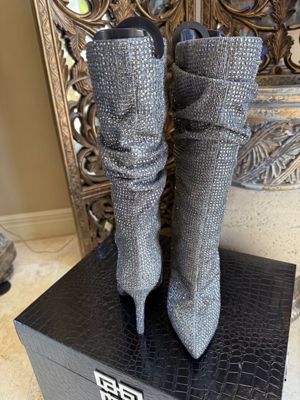 Women's Silver Rhinestone  Boots - Sparkling Pointed Toe - Picture 3 of 5